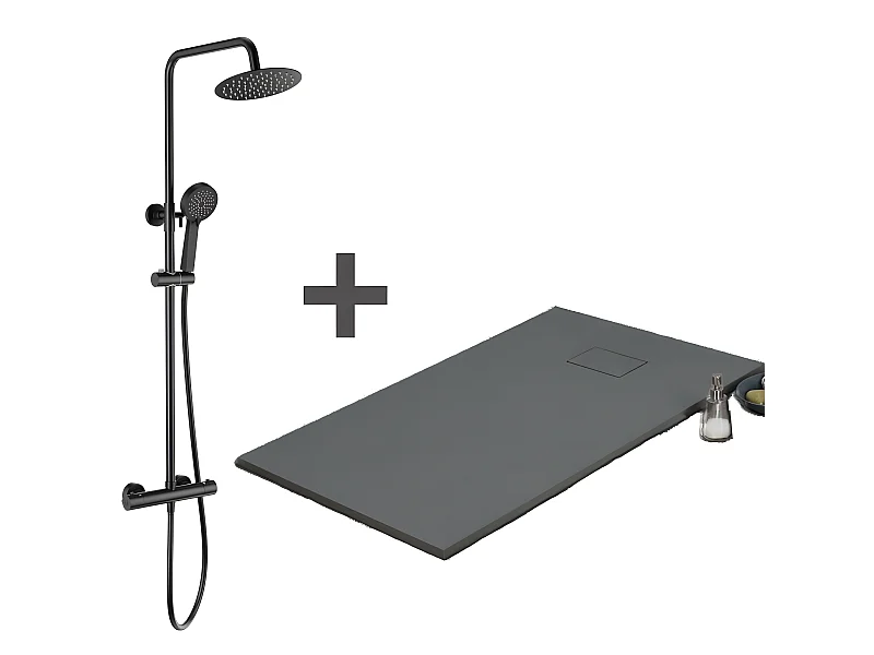 Pack Receveur de douche 90 x 140 cm extra plat gris basalte + Colonne de douche thermostatique