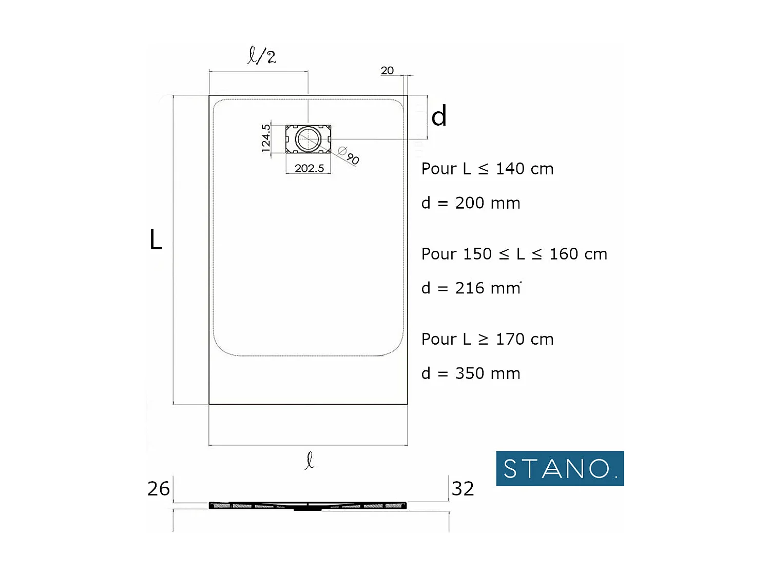 Receveur de douche 90 x 170 cm extra plat PIATTO en SoliCast® surface ardoisée gris basalte