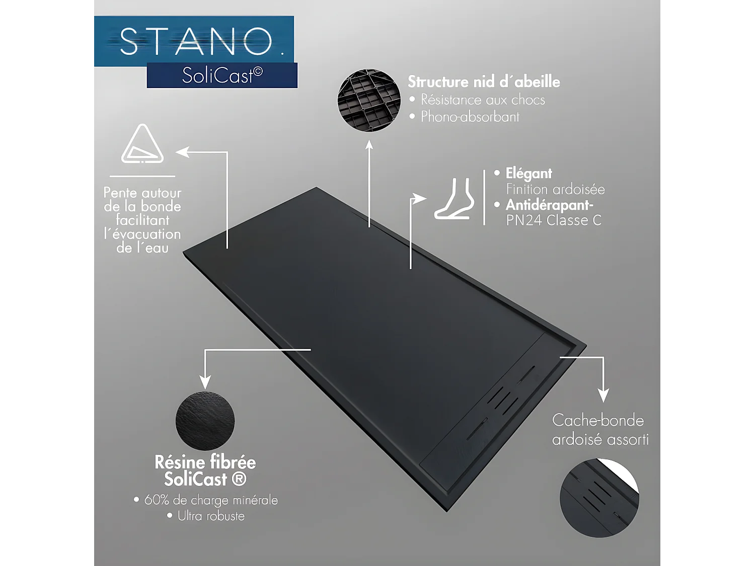 Piatto doccia ultrasottile 90 x 140 cm SALVI in SoliCast® finitura ardesia grigio