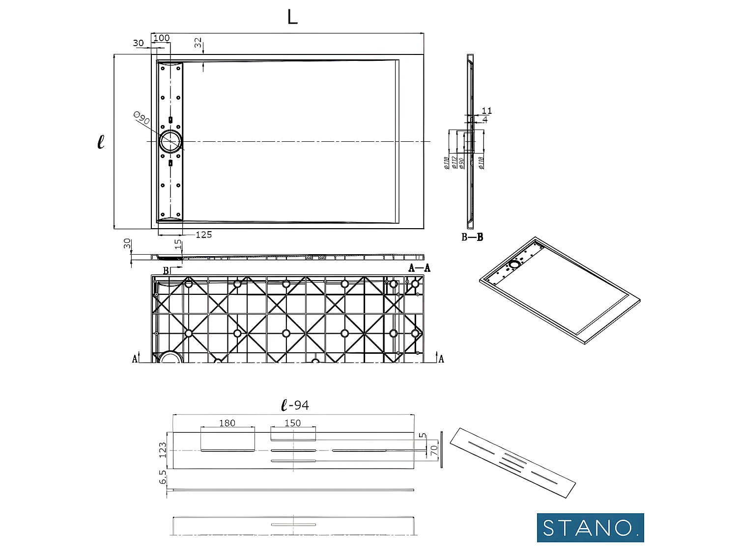 Receveur de douche 90 x 140 cm extra plat LUCIA en SoliCast® surface ardoisée blanc