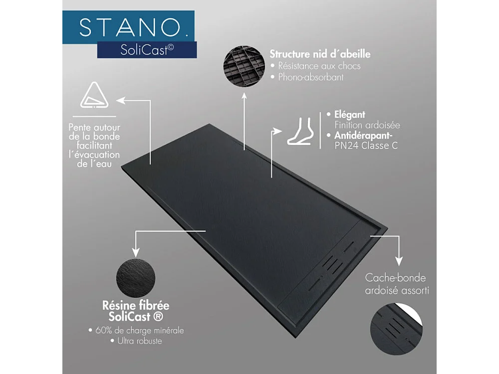 Receveur de douche 90 x 150 cm extra plat SALVI en SoliCast® surface ardoisée gris