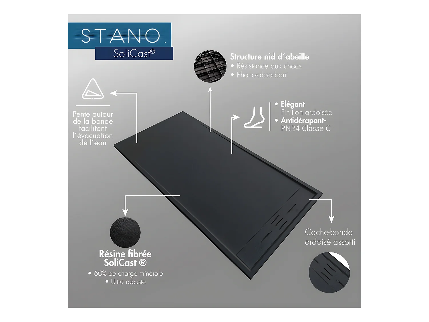 Piatto doccia ultrasottile 90 x 160 cm SALVI in SoliCast® finitura ardesia grigio