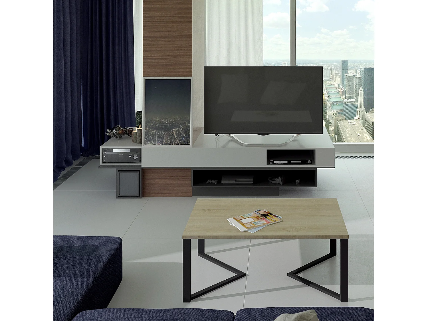 Table basse de style industriel Méryl imitation Chêne