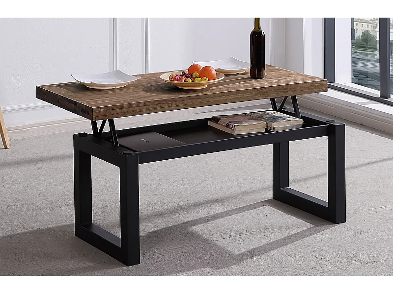 Table basse relevable en bois de chêne foncé avec pieds en métal noir - Longueur 120 x  Hauteur 47.5 - 62.5 x Profondeur 60 cm