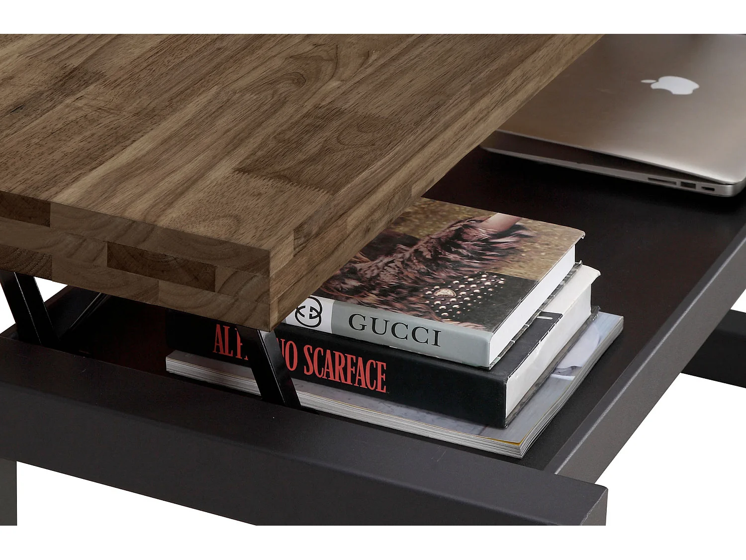 Table basse relevable en bois de chêne foncé avec pieds en métal noir - Longueur 120 x  Hauteur 47.5 - 62.5 x Profondeur 60 cm