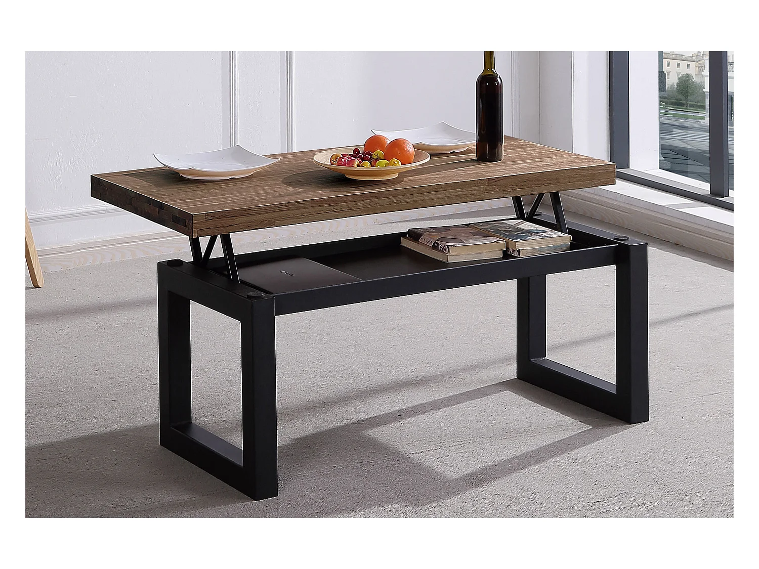 Table basse relevable en bois de chêne foncé avec pieds en métal noir - Longueur 120 x  Hauteur 47.5 - 62.5 x Profondeur 60 cm
