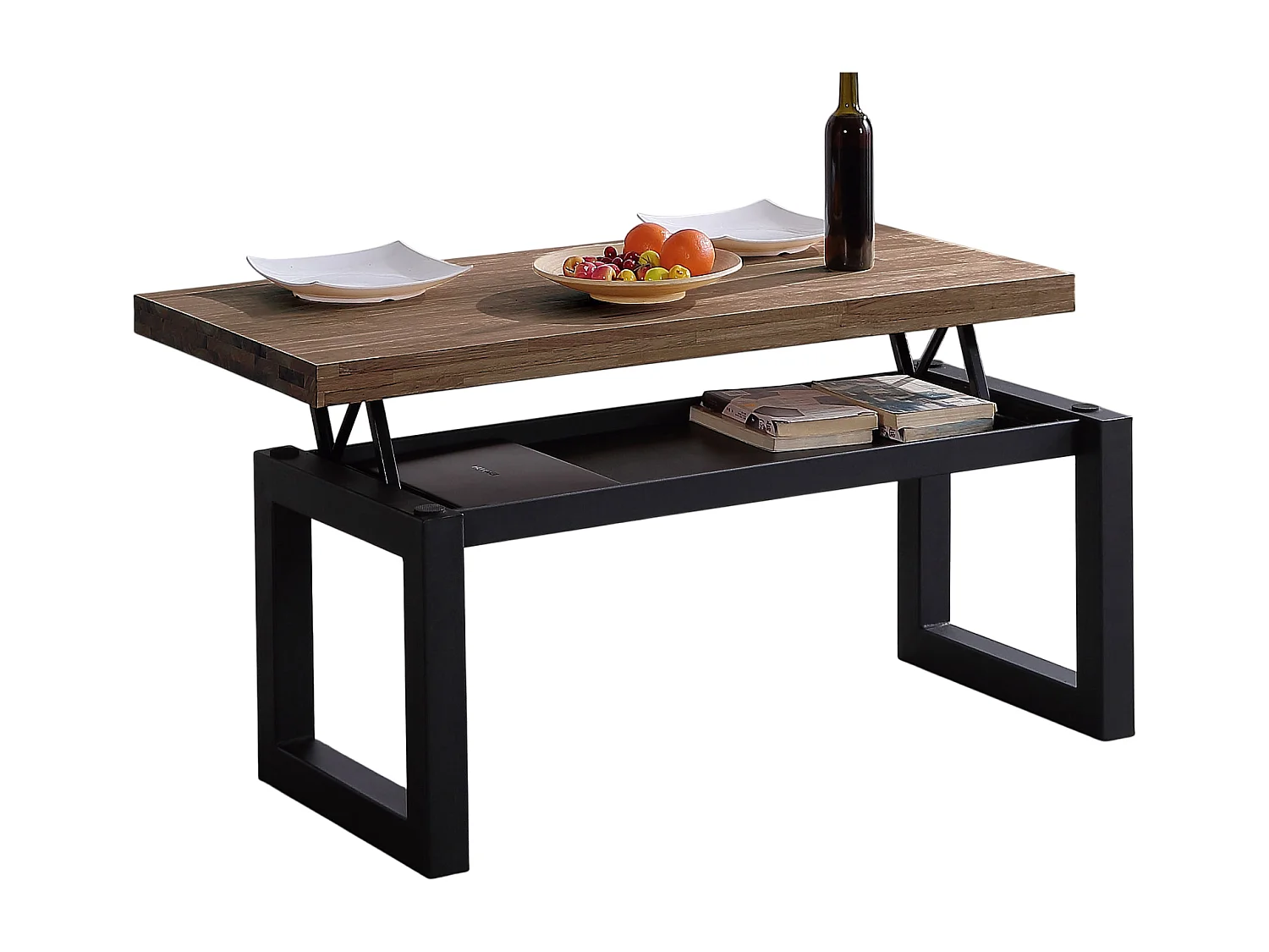Table basse relevable en bois de chêne foncé avec pieds en métal noir - Longueur 120 x  Hauteur 47.5 - 62.5 x Profondeur 60 cm