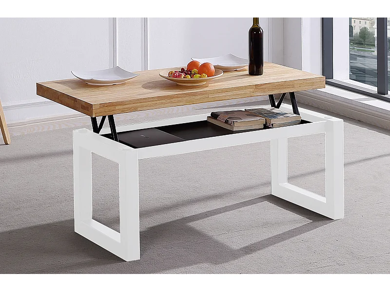 Table basse relevable en bois coloris chêne nordique / pieds blanc -Longueur 120 x profondeur 60 x hauteur 47 cm