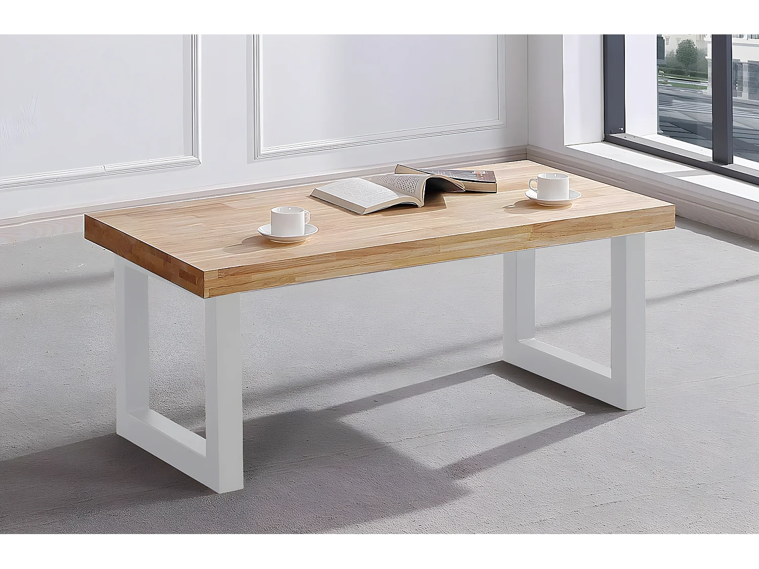 Table basse relevable en bois coloris chêne nordique / pieds blanc -Longueur 120 x profondeur 60 x hauteur 47 cm