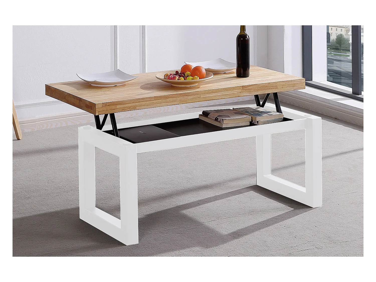Table basse relevable en bois coloris chêne nordique / pieds blanc -Longueur 120 x profondeur 60 x hauteur 47 cm