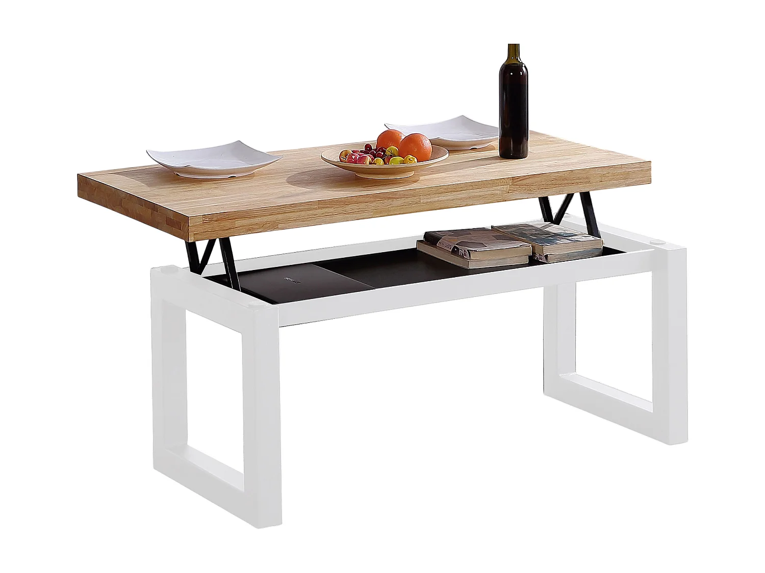 Table basse relevable en bois coloris chêne nordique / pieds blanc -Longueur 120 x profondeur 60 x hauteur 47 cm