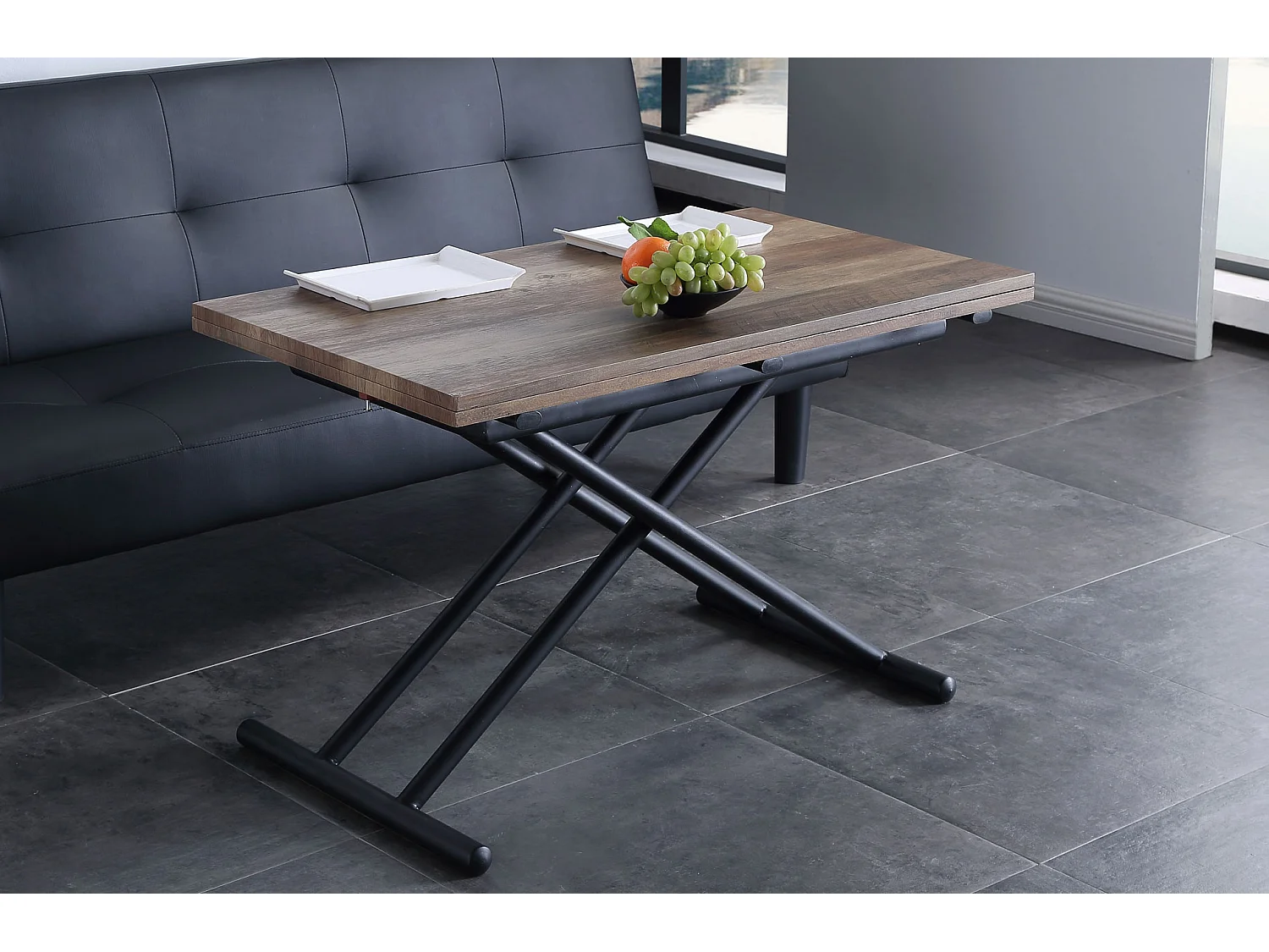 Table basse relevable rectangulaire extensible coloris noyer / pieds noir -Longueur 100 x largeur 50-100 cm