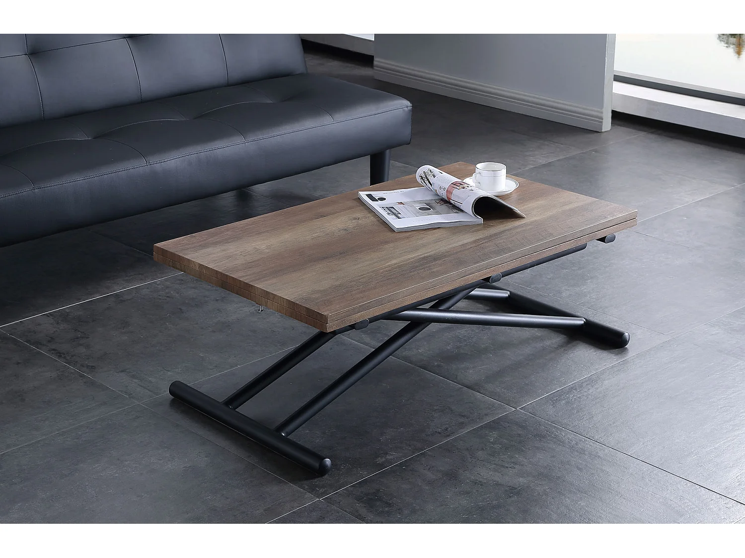 Table basse relevable rectangulaire extensible coloris noyer / pieds noir -Longueur 100 x largeur 50-100 cm