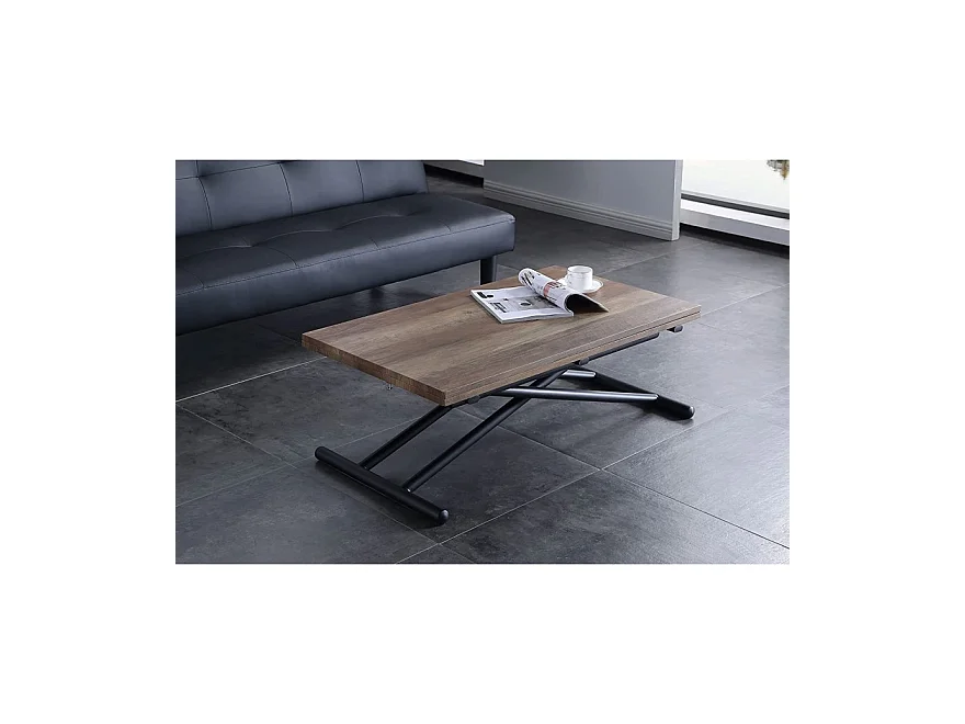 Table basse relevable rectangulaire extensible coloris noyer / pieds noir -Longueur 100 x largeur 50-100 cm