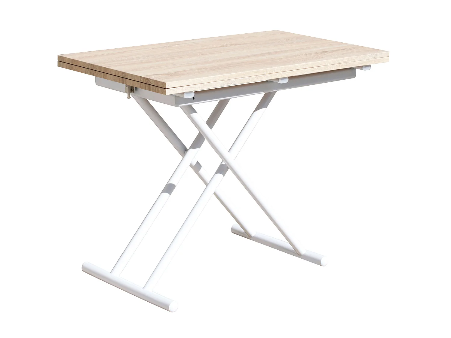 Table basse relevable rectangulaire extensible coloris chêne /pieds blanc - Longueur 100 x largeur 50-100 cm