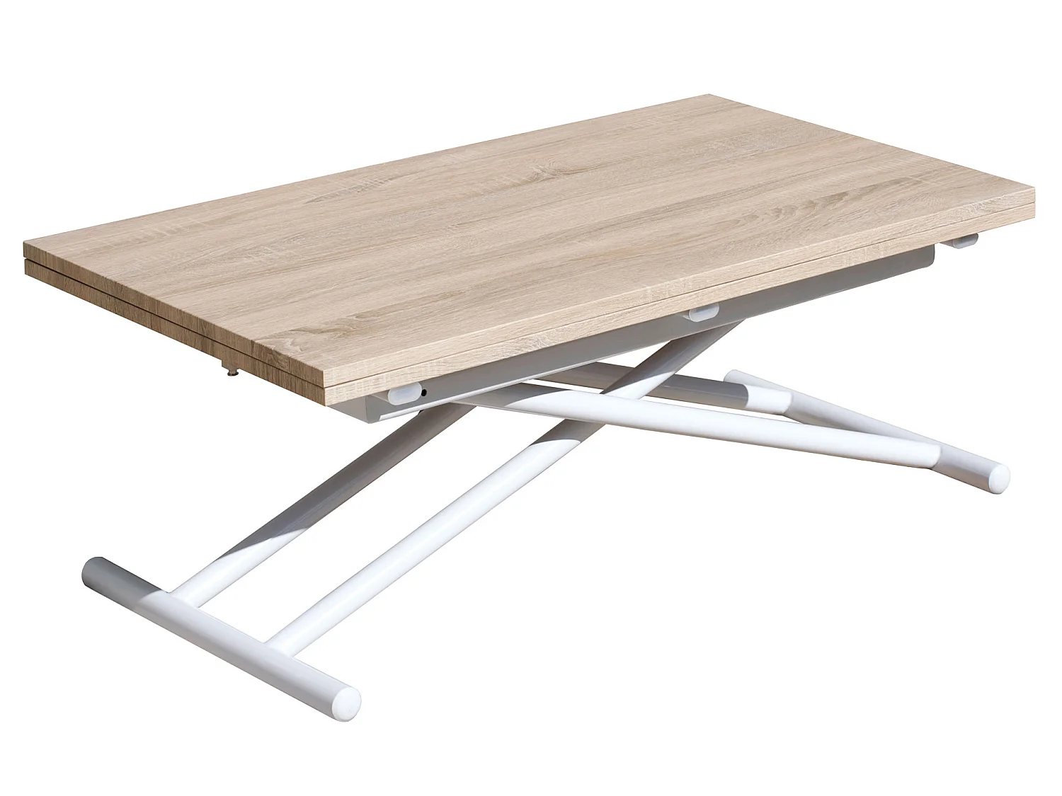 Table basse relevable rectangulaire extensible coloris chêne /pieds blanc - Longueur 100 x largeur 50-100 cm