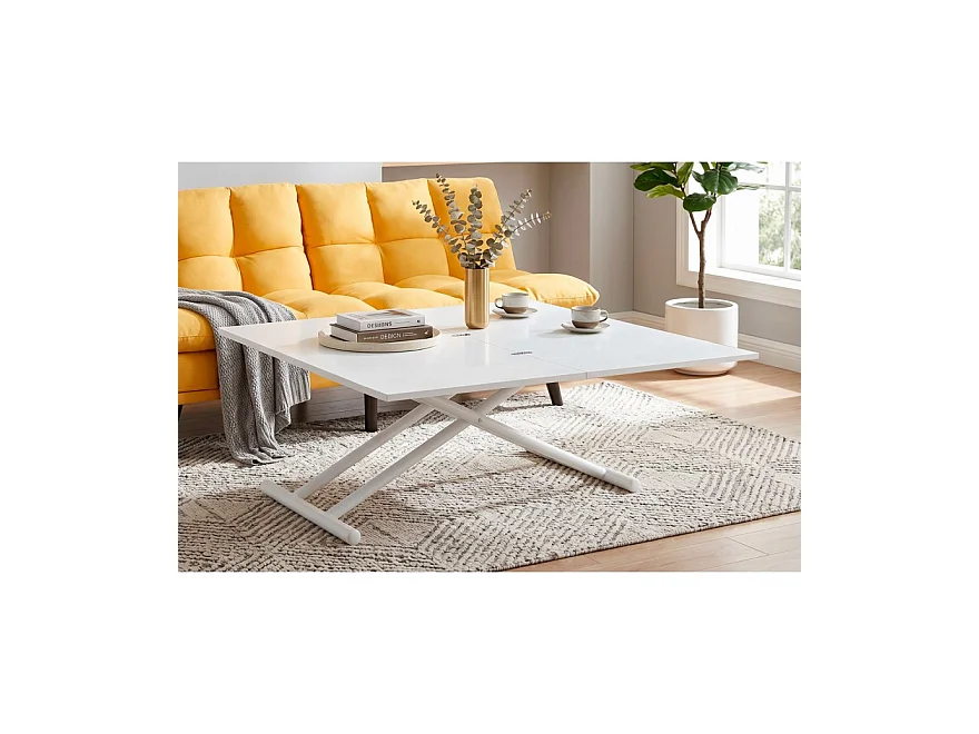 Table basse relevable rectangulaire extensible coloris blanc - Longueur 100 x largeur 50-100 cm