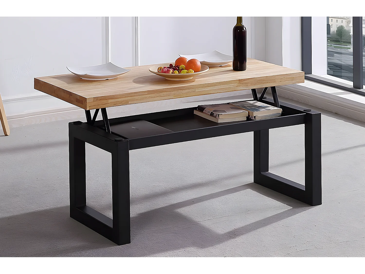 Table basse relevable en bois coloris chêne sauvage / pieds noir - Longueur 120 x profondeur 60 x hauteur 47 cm