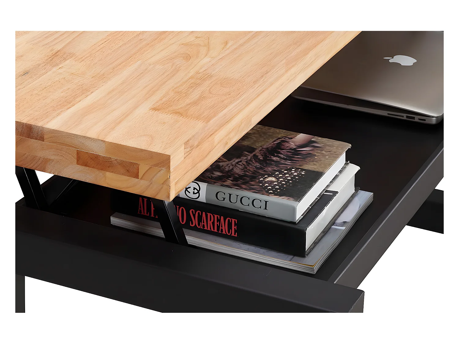 Table basse relevable en bois coloris chêne sauvage / pieds noir - Longueur 120 x profondeur 60 x hauteur 47 cm