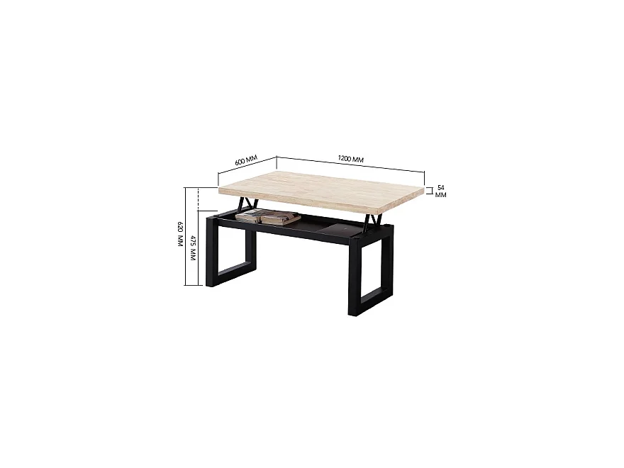 Table basse relevable en bois coloris chêne sauvage  / pieds noir  - Longueur 120 x  profondeur 60 x hauteur 47 cm
