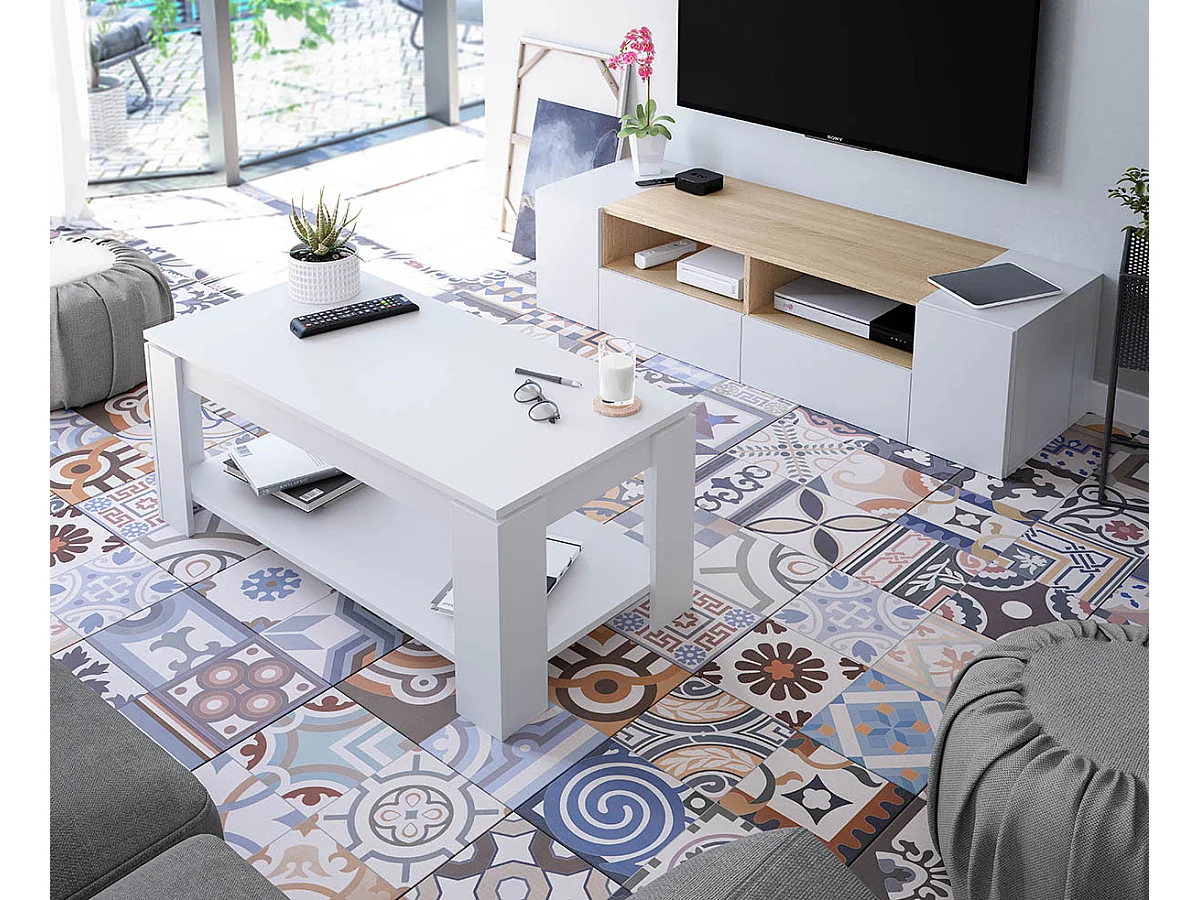 Table Basse relevable coloris blanc artic - 43 x 102 x 50 cm