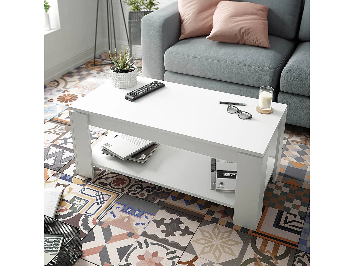 Table Basse relevable coloris blanc artic - 43 x 102 x 50 cm