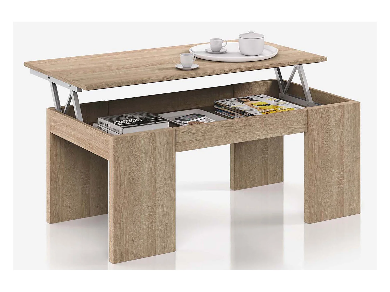 Table Basse à Plateau Relevable coloris chêne canadien - Dim : 100 x 50 x 42 cm