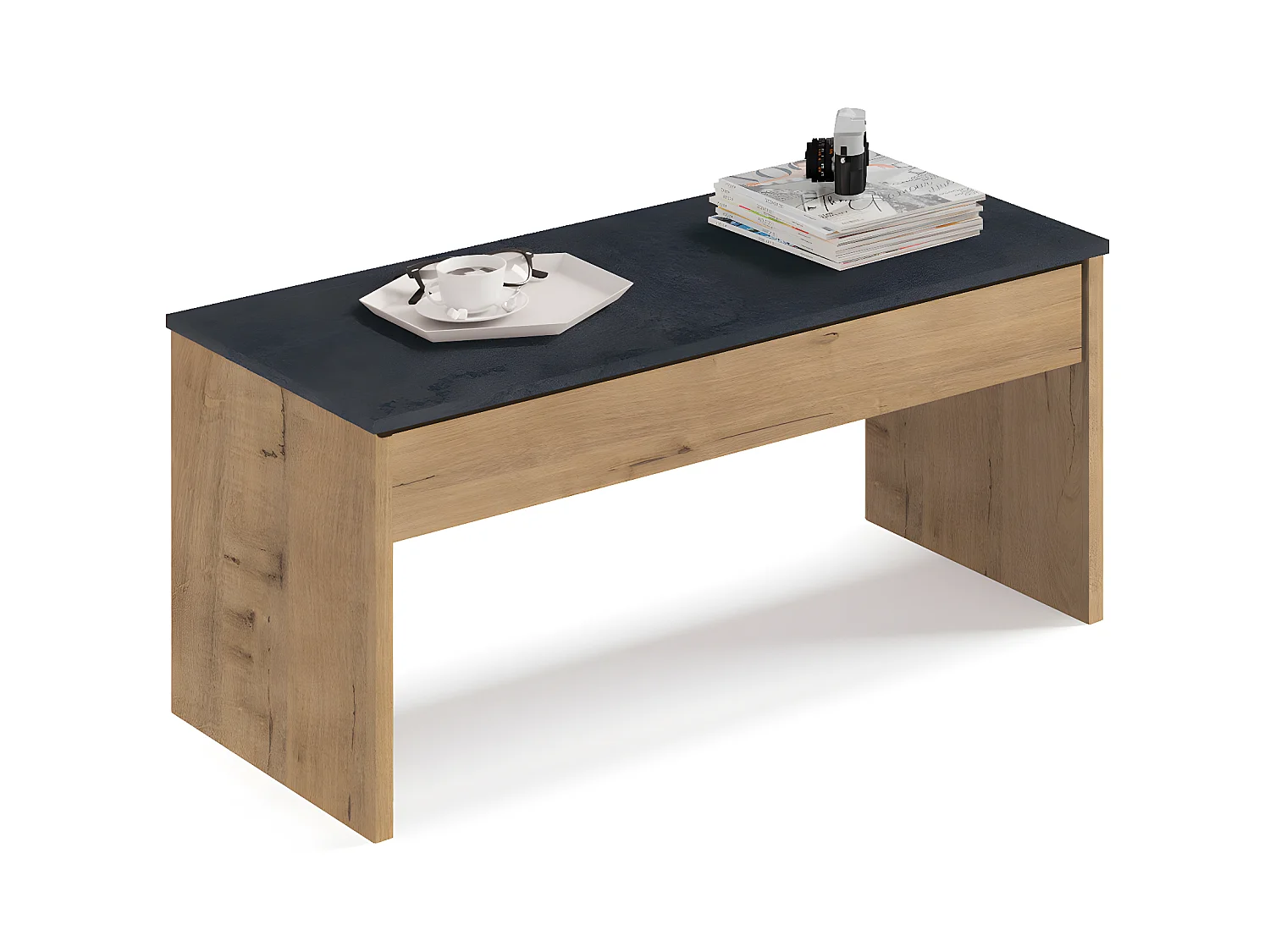 Table basse relevable coloris Chêne doré/ Marbre - Hauteur 47-58 x Longueur 100 x Profondeur 50 cm