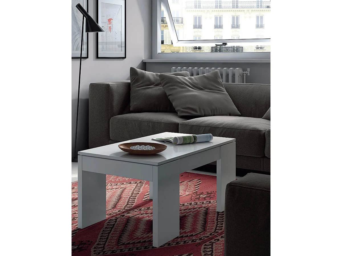 Table Basse à Plateau Relevable coloris blanc brillant - Dim : 100 x 50 x 42 cm