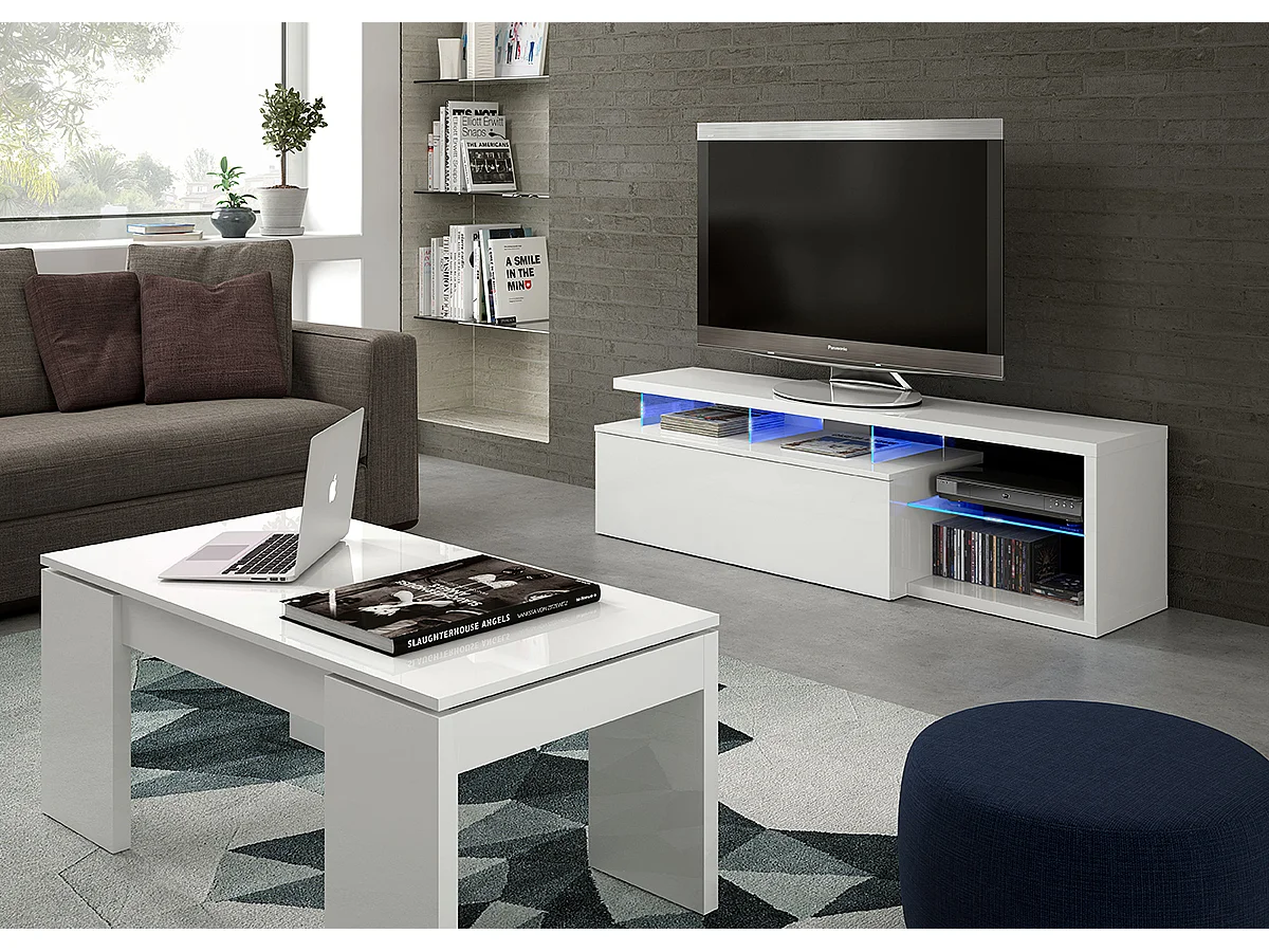 Table Basse à Plateau Relevable coloris blanc brillant - Dim : 100 x 50 x 42 cm