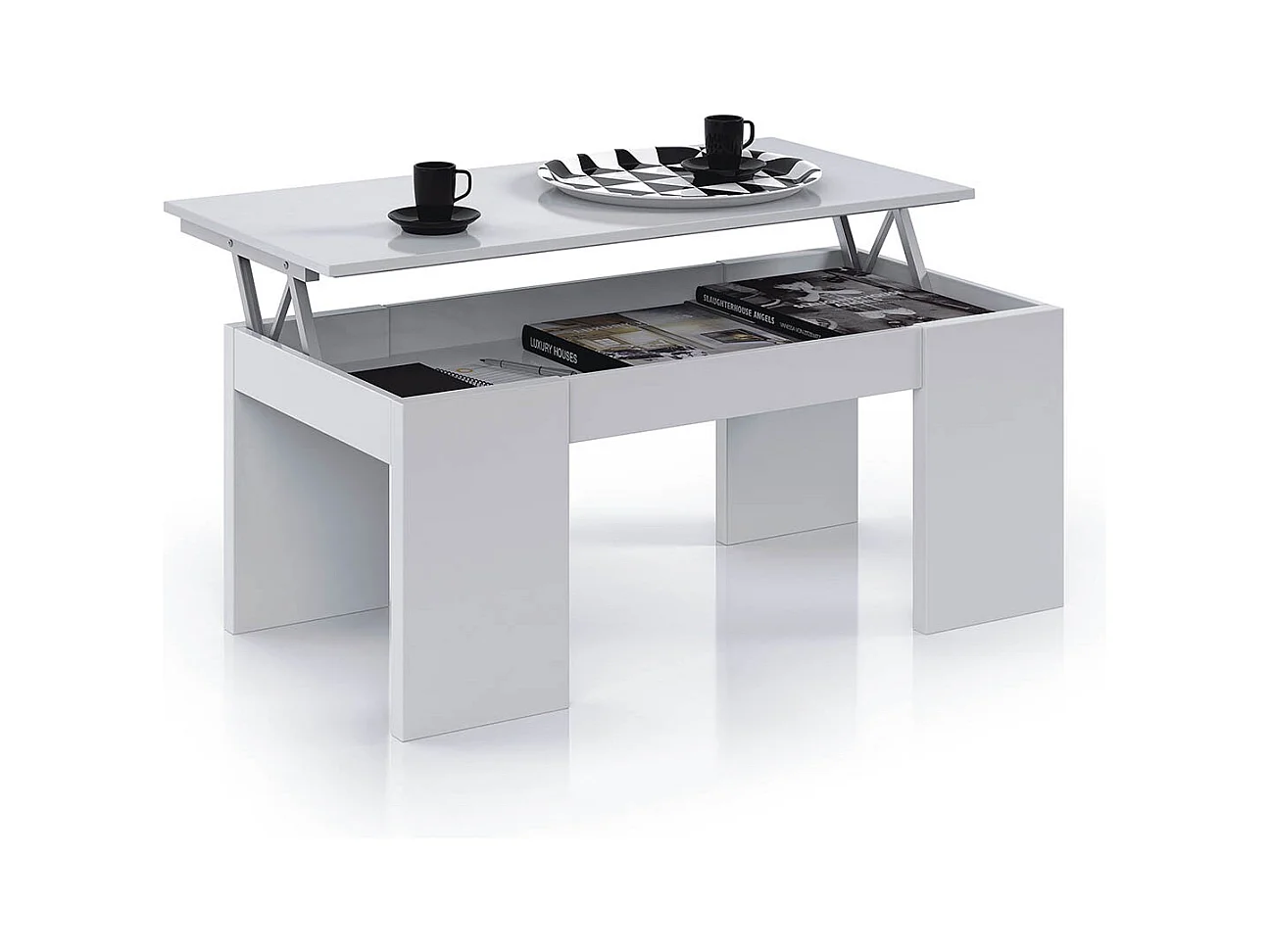 Table Basse à Plateau Relevable coloris blanc brillant - Dim : 100 x 50 x 42 cm