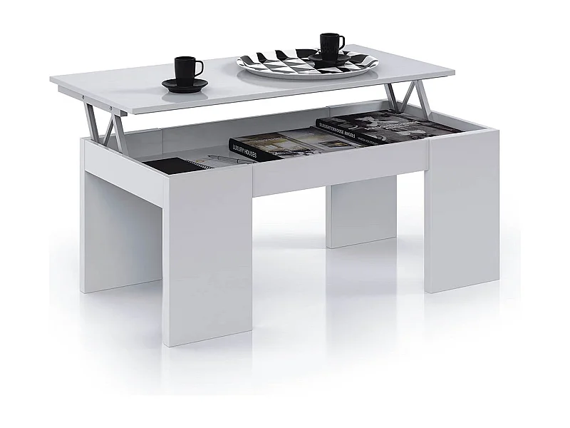 Table Basse à Plateau Relevable coloris blanc brillant - Dim : 100 x 50 x 42 cm