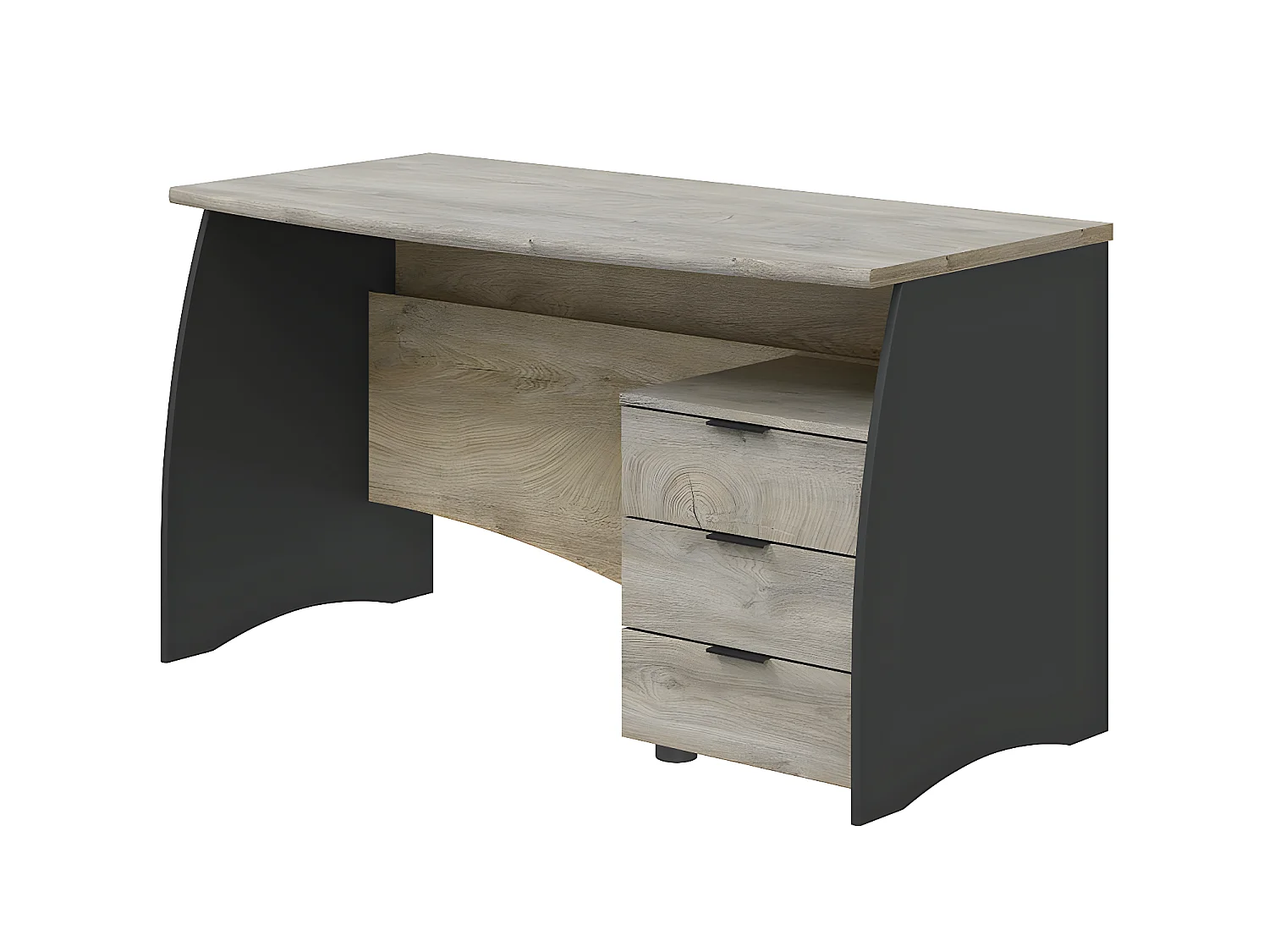 Bureau avec caisson de 3 tiroirs coloris chêne nœuds alaska / gris anthracite - Hauteur 74 x Largeur 136 x Profondeur 67 cm