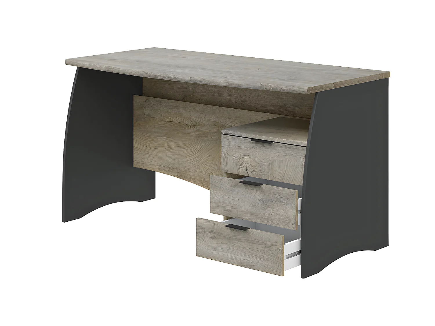 Bureau avec caisson de 3 tiroirs coloris chêne nœuds alaska / gris anthracite - Hauteur 74 x Largeur 136 x Profondeur 67 cm