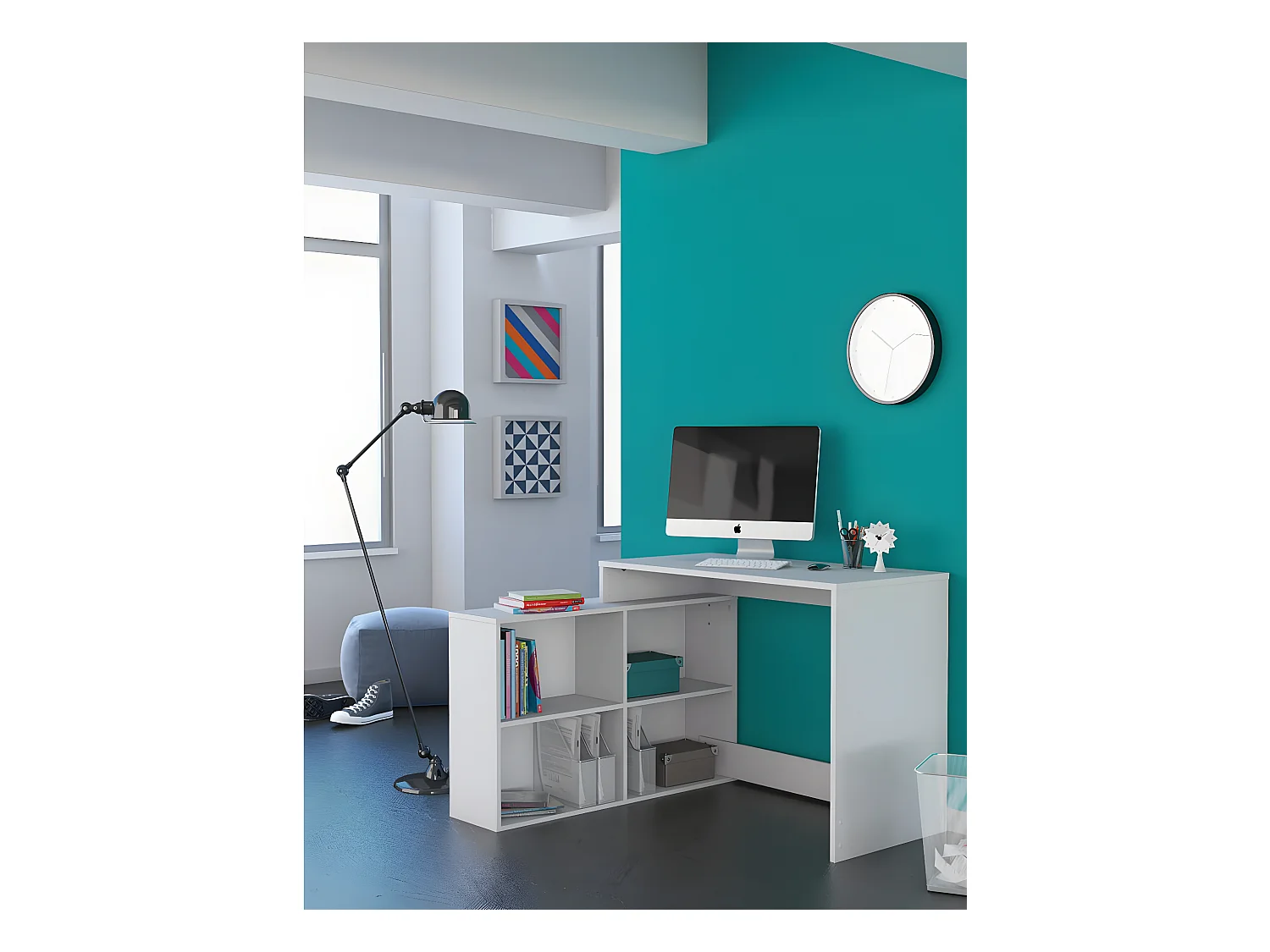 Bureau d'angle en panneau de particules, blanc mat - Dim : 111,9 x 76,7 x 100,7 cm