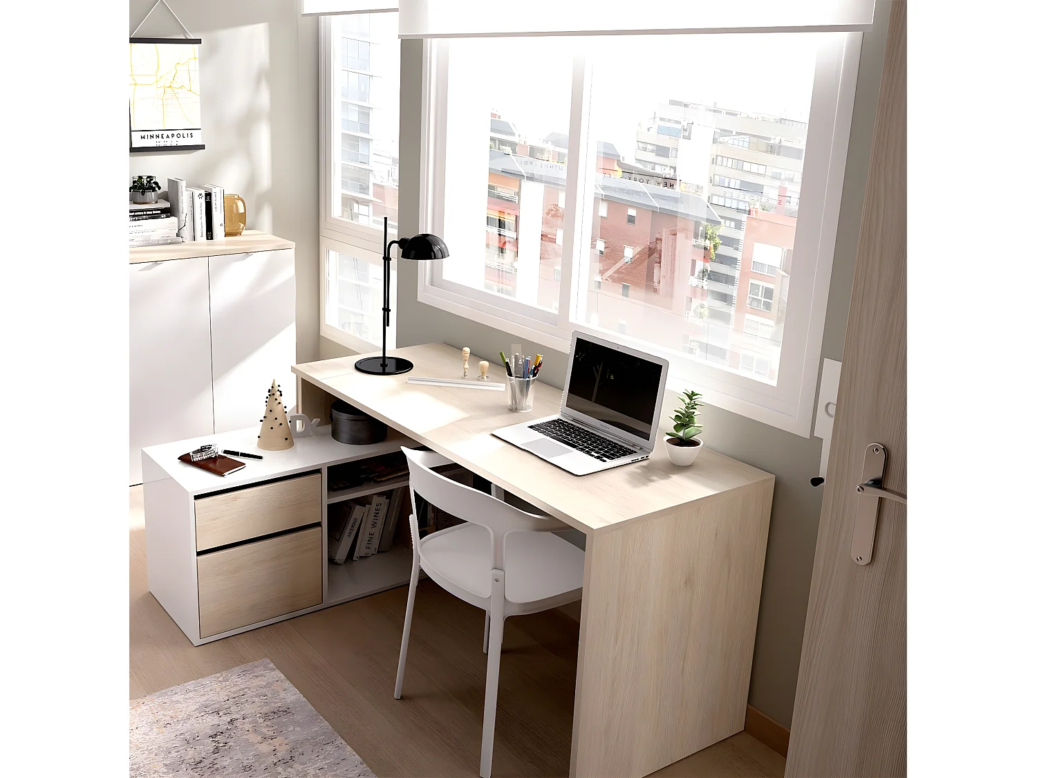 Bureau angulaire coloris naturel/blanc brillant - Longueur 139 x Profondeur 92 x Hauteur 75 cm