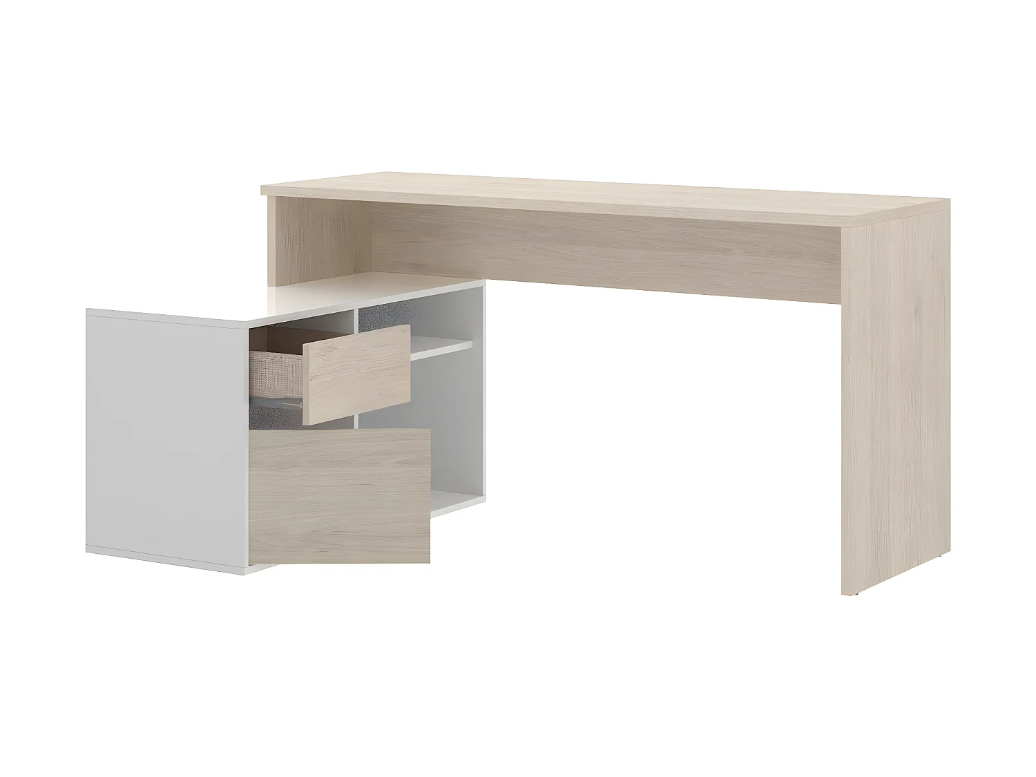 Bureau angulaire coloris naturel/blanc brillant - Longueur 139 x Profondeur 92 x Hauteur 75 cm