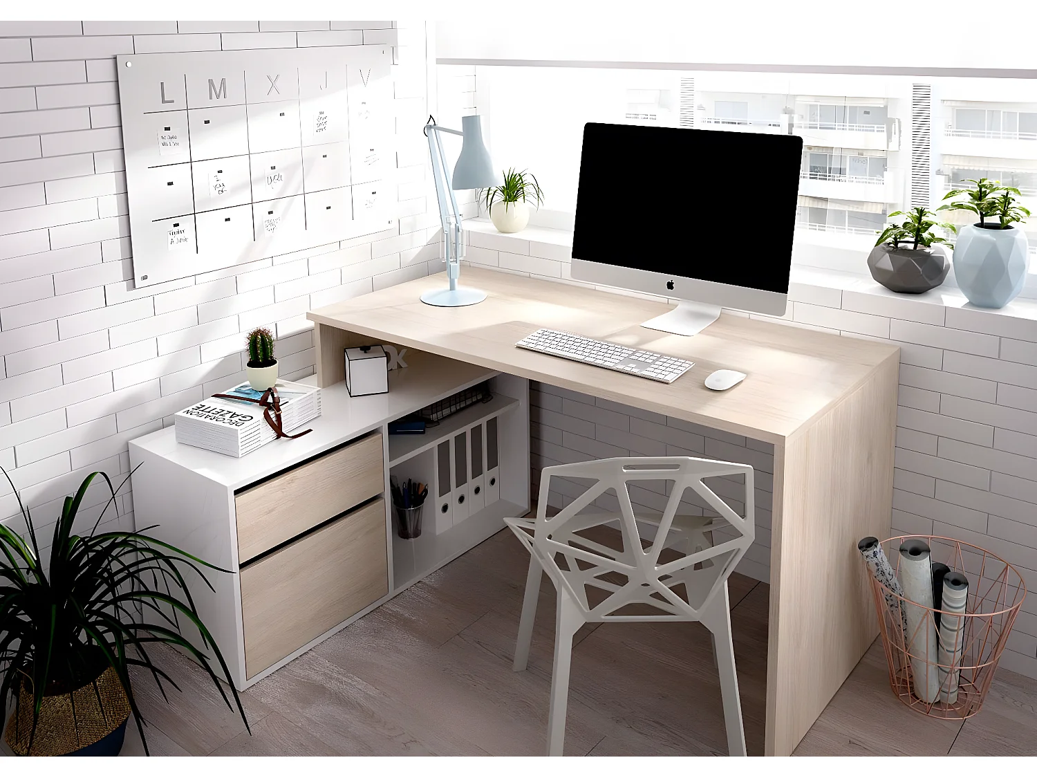Bureau angulaire coloris naturel/blanc brillant - Longueur 139 x Profondeur 92 x Hauteur 75 cm