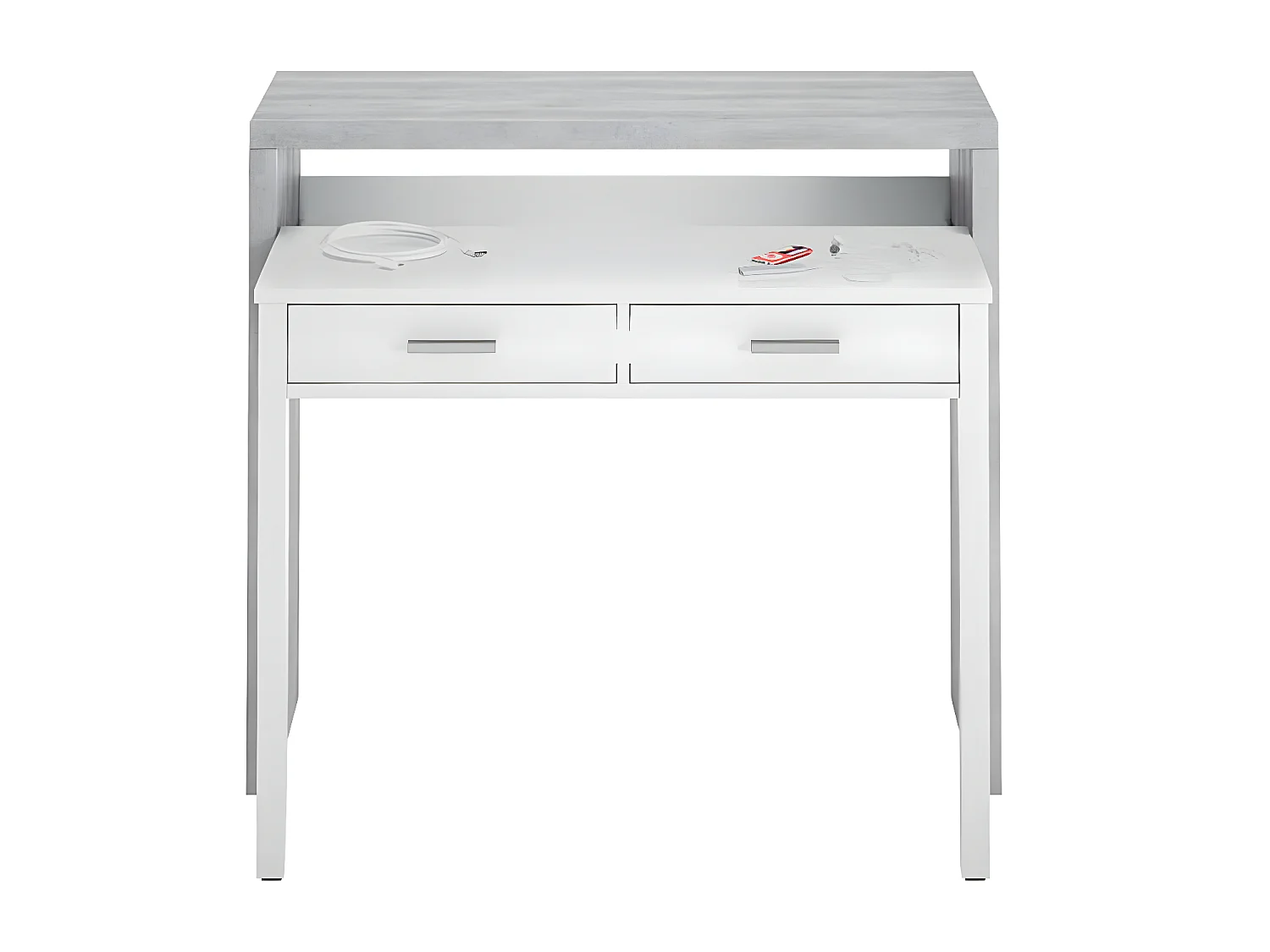 Bureau avec 1 étagère / niche et 2 tiroirs coloris Blanc Artik / Ciment en mélamine - Dim: 88 x 99 x 36 cm