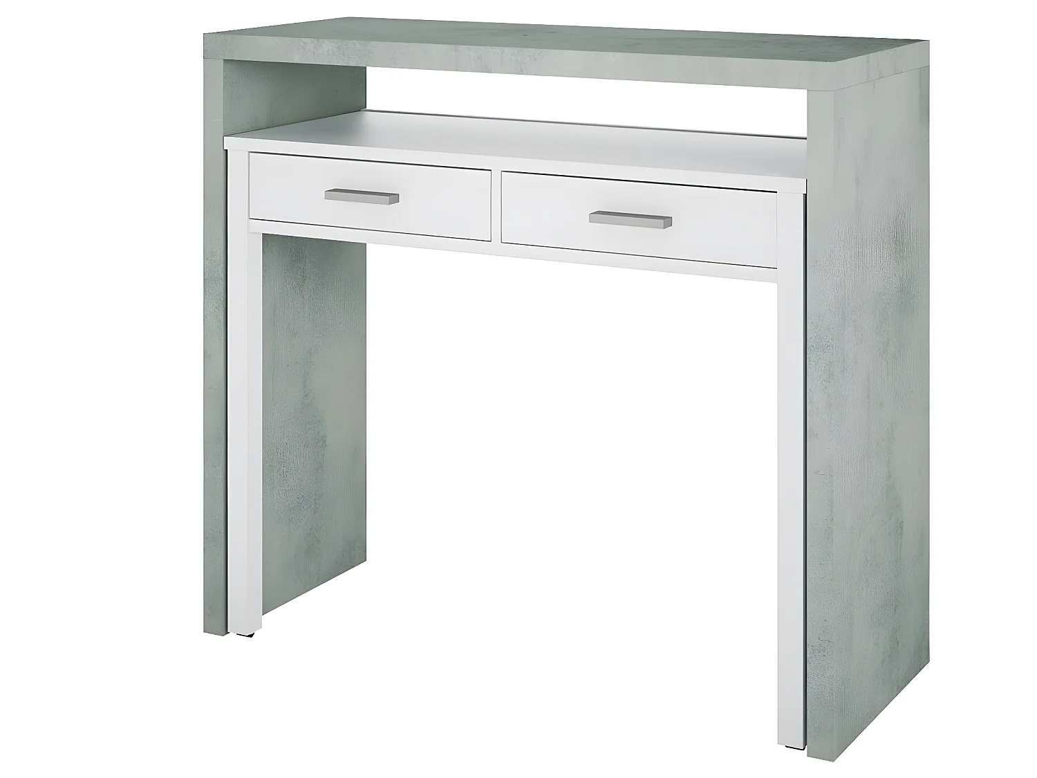 Bureau avec 1 étagère / niche et 2 tiroirs coloris Blanc Artik / Ciment en mélamine - Dim: 88 x 99 x 36 cm