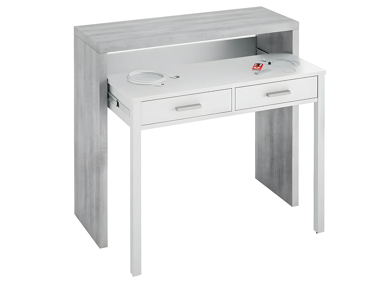 Bureau avec 1 étagère / niche et 2 tiroirs coloris Blanc Artik / Ciment en mélamine - Dim: 88 x 99 x 36 cm