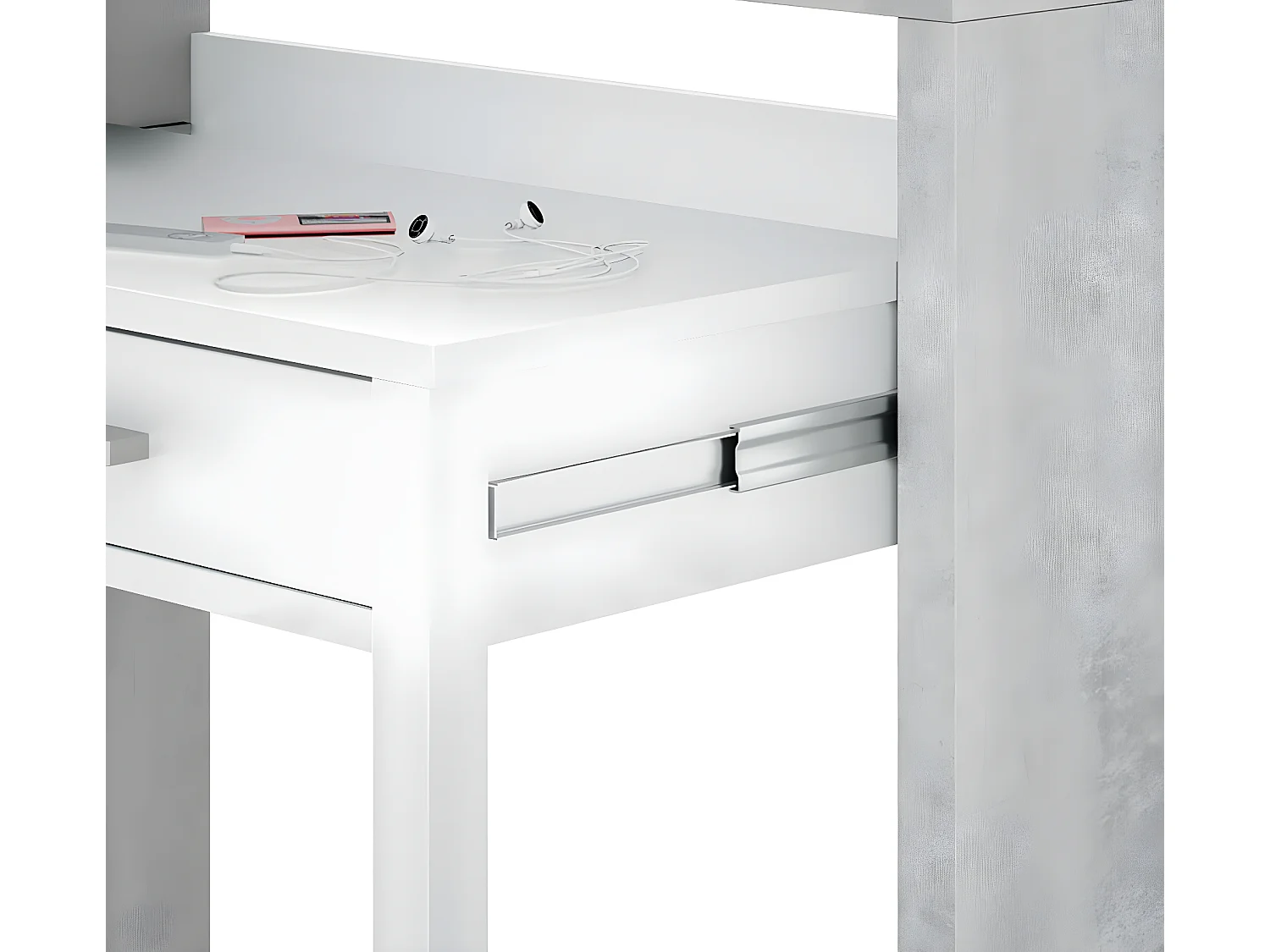 Bureau avec 1 étagère / niche et 2 tiroirs coloris Blanc Artik / Ciment en mélamine - Dim: 88 x 99 x 36 cm