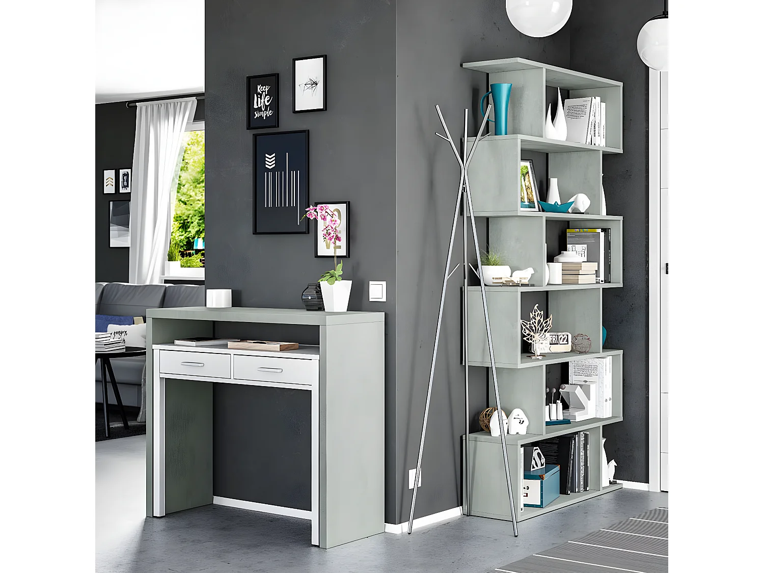 Bureau avec 1 étagère / niche et 2 tiroirs coloris Blanc Artik / Ciment en mélamine - Dim: 88 x 99 x 36 cm