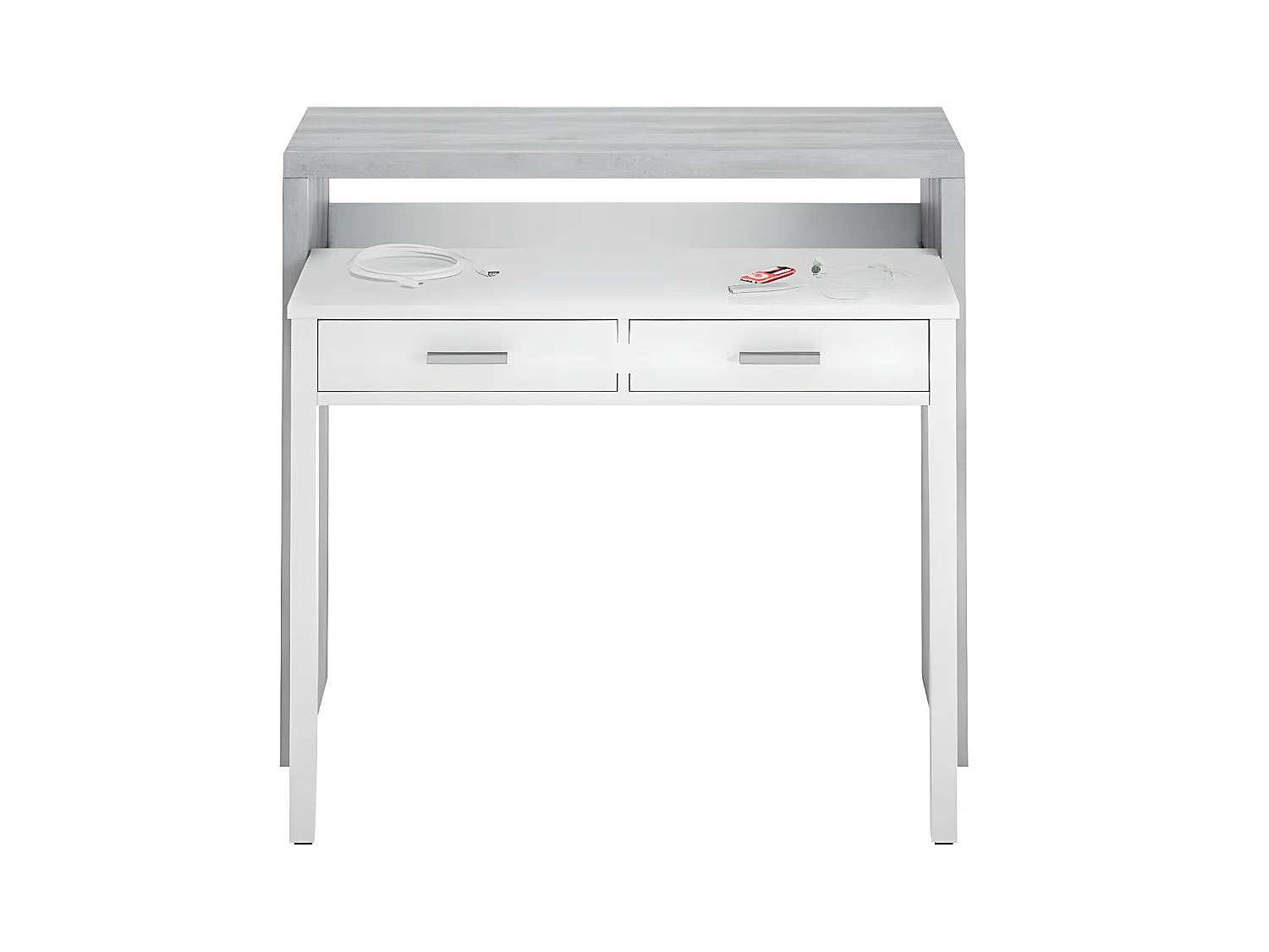 Bureau avec 1 étagère / niche et 2 tiroirs coloris Blanc Artik / Ciment en mélamine - Dim: 88 x 99 x 36 cm
