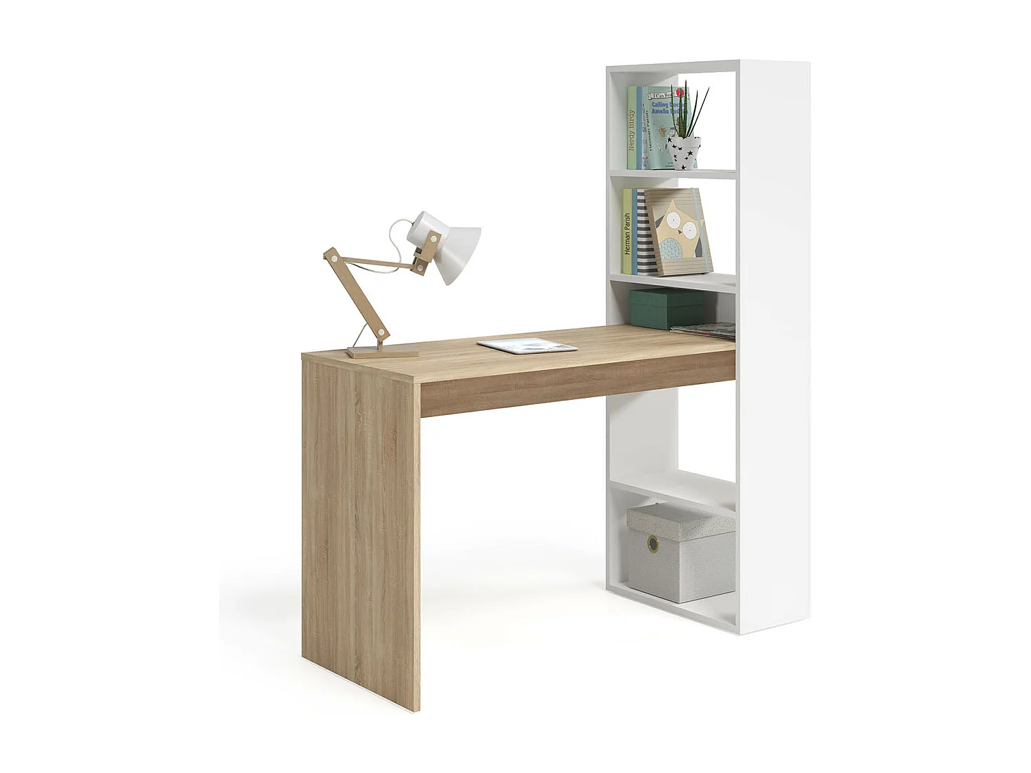 Bureau avec étagère intégrée coloris blanc artic / chêne canadien - Hauteur 144 x Longueur 120 x Profondeur 53 cm
