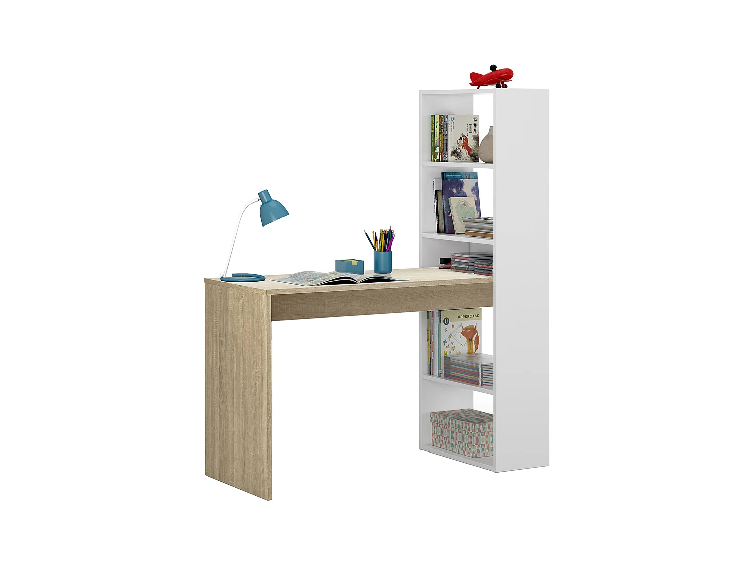 Bureau avec étagère intégrée coloris blanc artic / chêne canadien - Hauteur 144 x Longueur 120 x Profondeur 53 cm