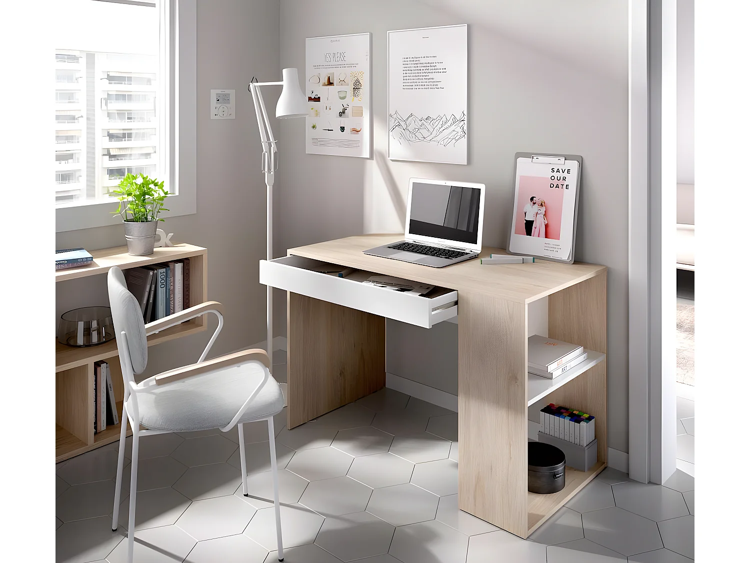 Bureau 1 tiroir coloris naturel/blanc - Longueur 115 x Profondeur 50 x Hauteur 74 cm