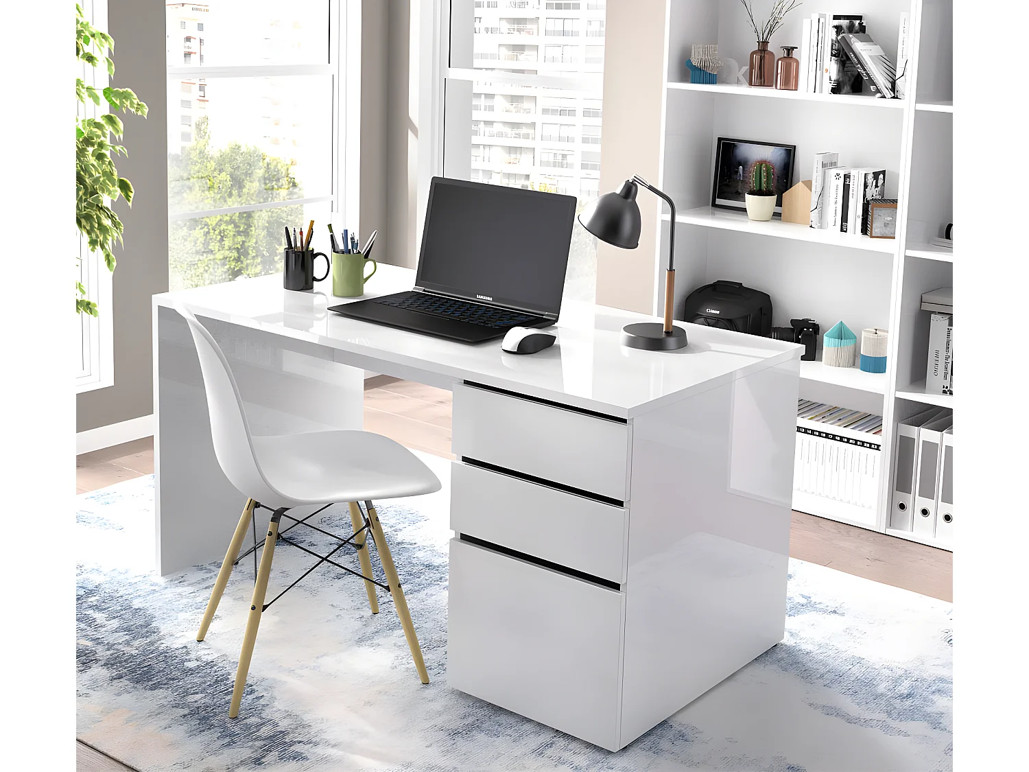 Bureau Réversible coloris blanc brillant - Longueur 139 x Profondeur 60 x Hauteur 75 cm