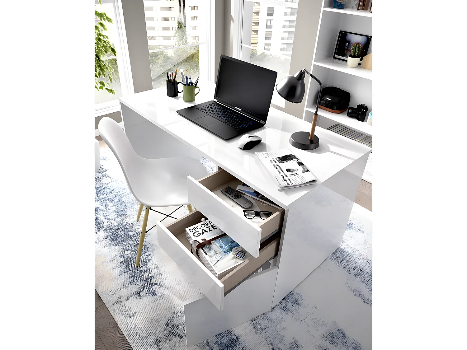 Bureau Réversible coloris blanc brillant - Longueur 139 x Profondeur 60 x Hauteur 75 cm