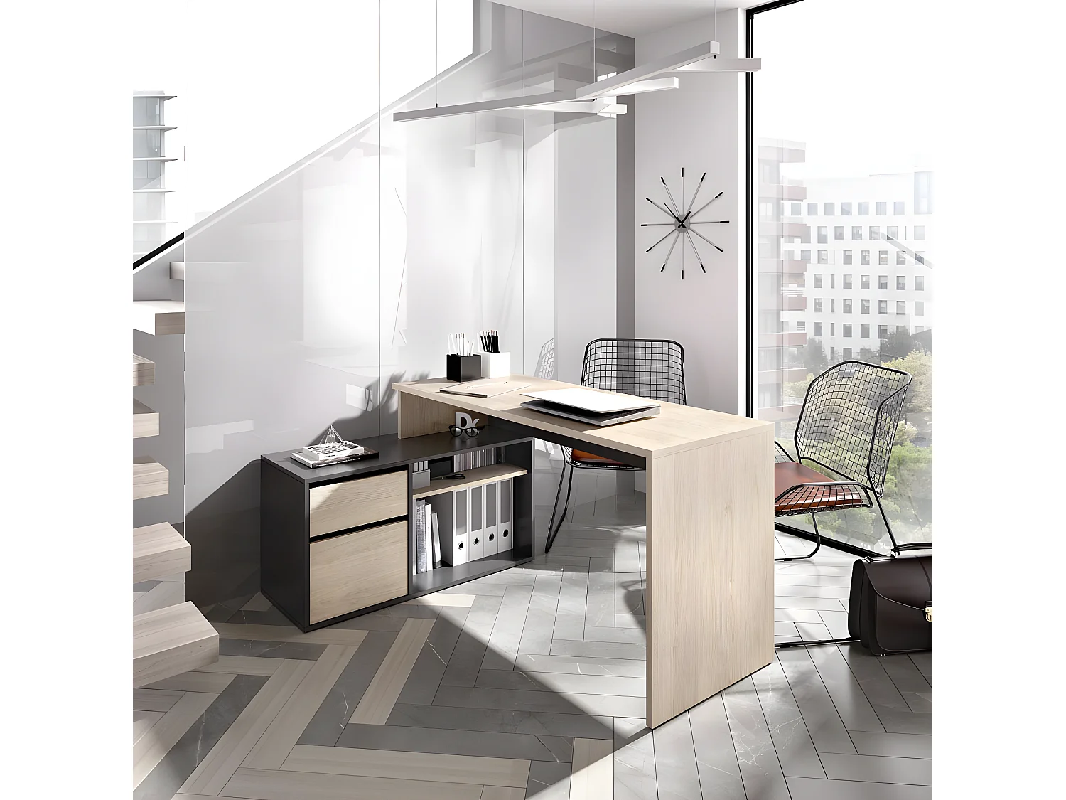 Bureau angulaire coloris naturel/graphite - Longueur 139 x Profondeur 92 x Hauteur 75 cm